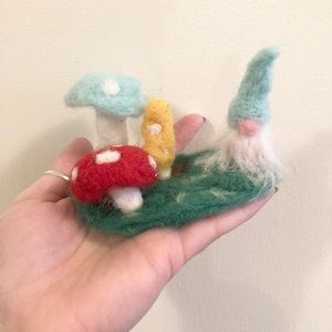 Handmade Felt Art 100% Felted Gnome And Mushroom Art Scene Indoor Fairy Garden